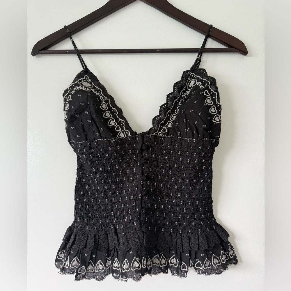 Free People Black Smocked Lace-Trim Heart-Print Cami